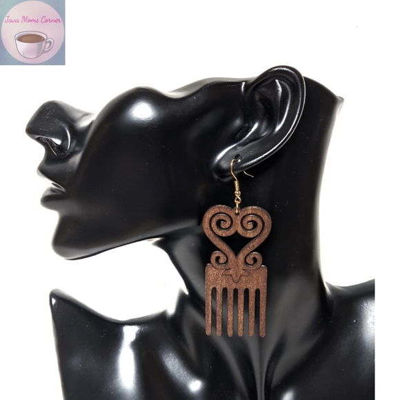Jewelry - African Style Wood Comb Drop Dangle Earrings Brown